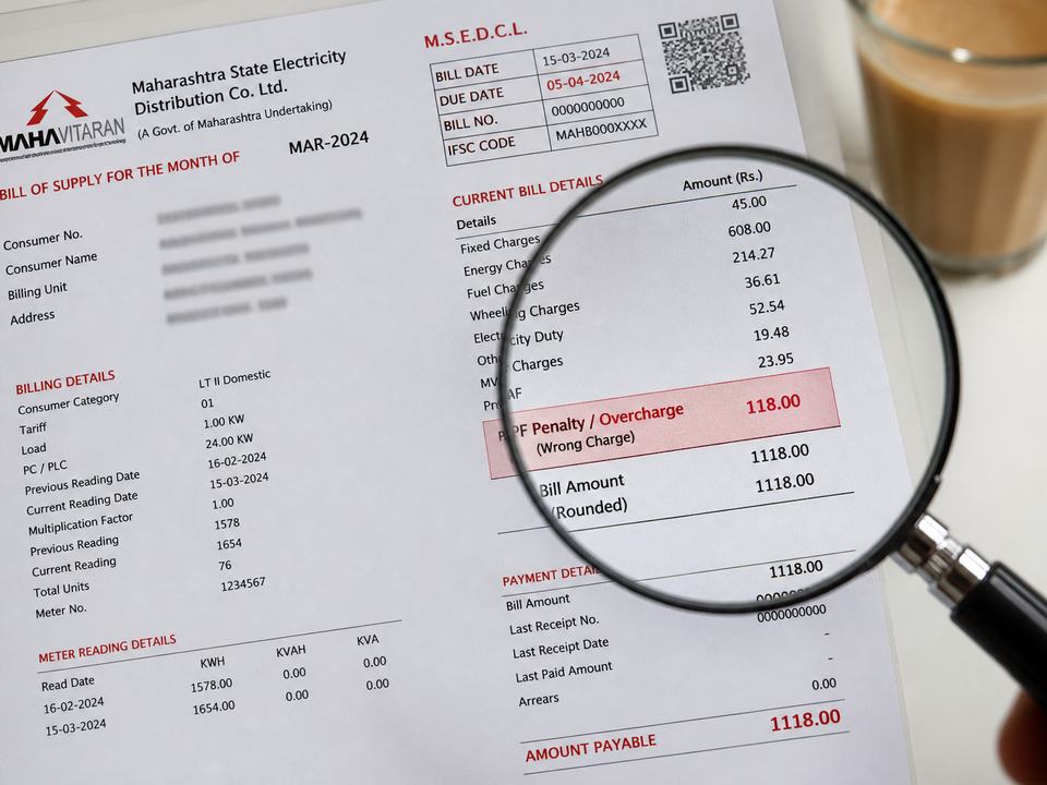 Maharashtra MSEDCL bill with magnifying glass highlighting hidden charges