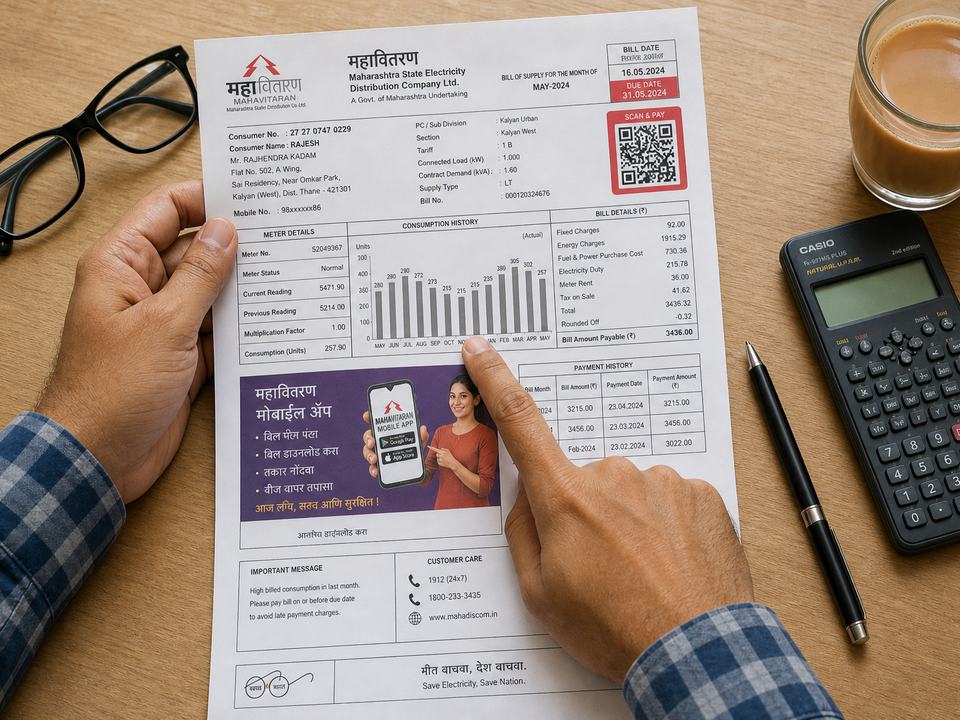 Person reviewing an MSEDCL Mahavitaran electricity bill with chai, calculator and glasses on a wooden desk