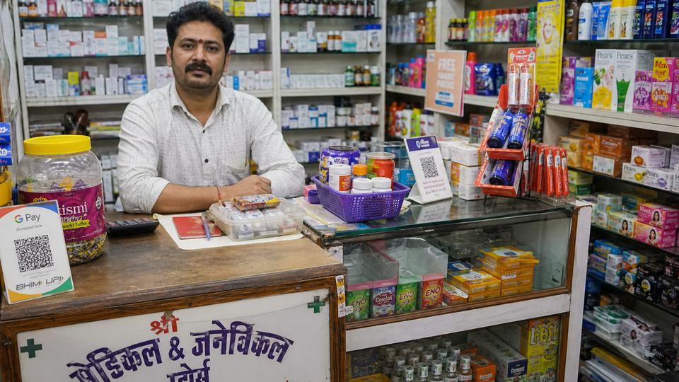 Indian medical and general store shop counter